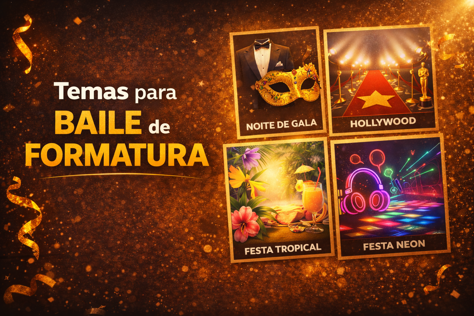 Escolher um tema pode tornar o baile ainda mais memorável. Veja algumas ideias populares. Gala clássico Elegante e sofisticado. Características: decoração em preto e dourado iluminação sofisticada ambiente luxuoso Hollywood Inspirado no glamour do cinema. Elementos comuns: tapete vermelho cenários de cinema decoração dourada Noite tropical Perfeito para festas mais descontraídas. Inclui: cores vibrantes flores tropicais iluminação colorida Neon party Tema moderno e jovem. Utiliza: luz negra decoração fluorescente pista de dança iluminada