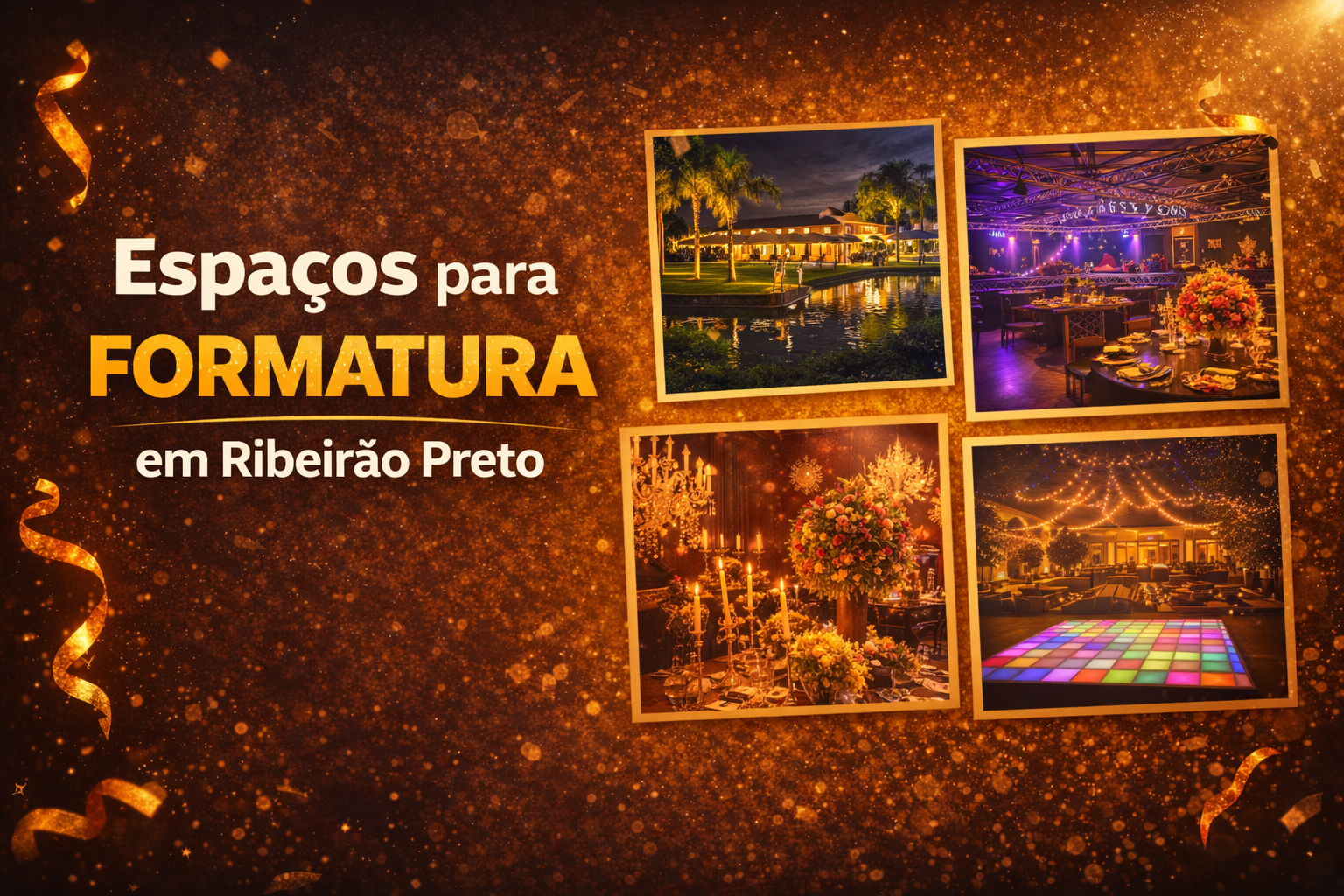 Ribeirão Preto possui diversos espaços ideais para grandes eventos. Entre os mais conhecidos estão: Centro de Eventos Taiwan Quinta Linda Espaço Golf Villa Conte Esses locais possuem estrutura para eventos com centenas ou até milhares de convidados.