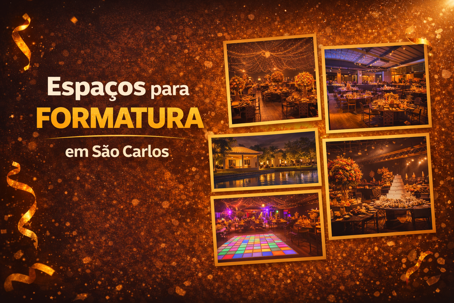 São Carlos também conta com ótimos locais para formaturas. Alguns dos principais são: Oasis Eventos Banana Eventos Espaço São Carlos CENACON Esses espaços oferecem infraestrutura para colações de grau e bailes de formatura.