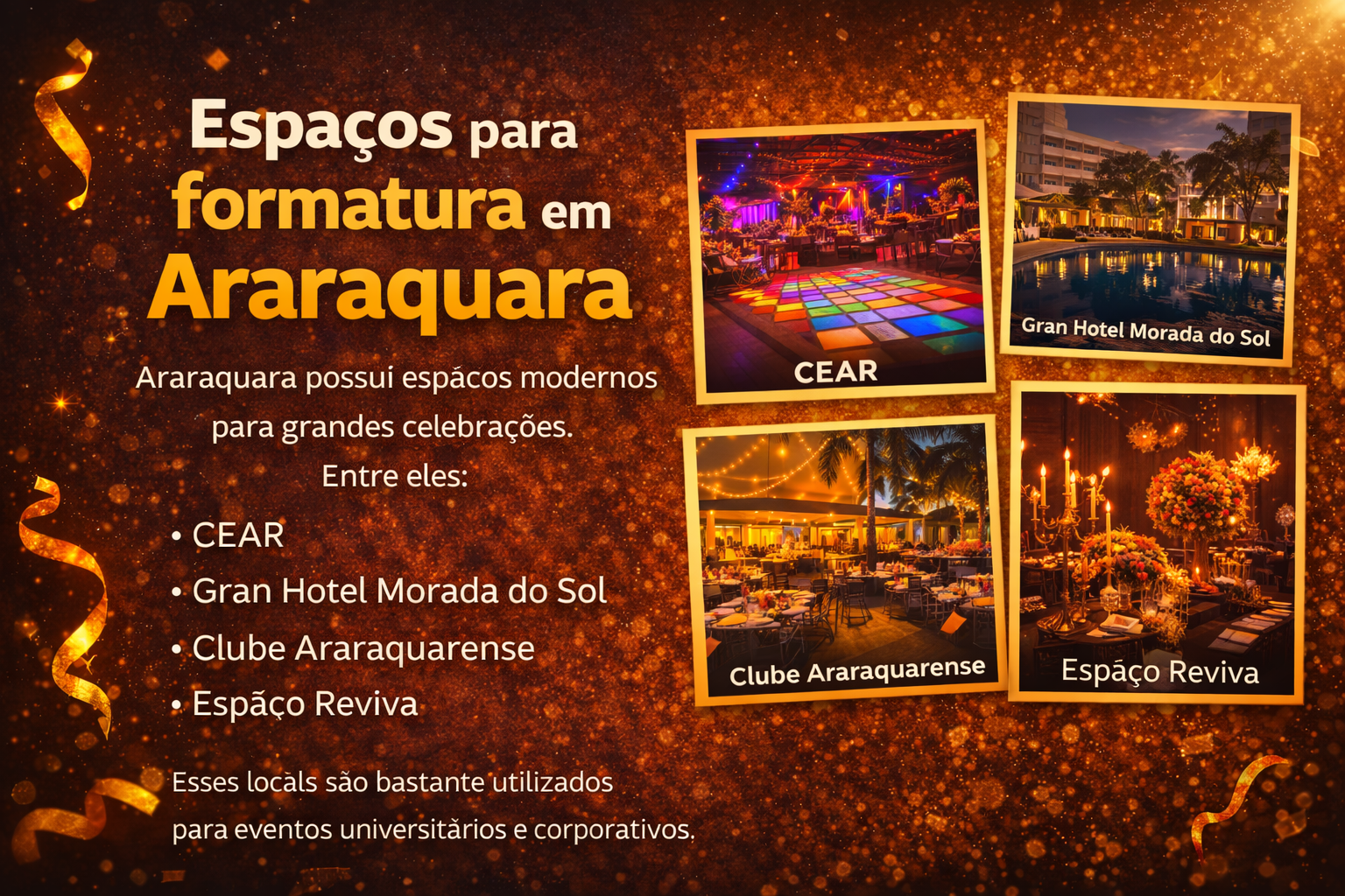 Araraquara possui espaços modernos para grandes celebrações. Entre eles: CEAR Gran Hotel Morada do Sol Clube Araraquarense Espaço Reviva Esses locais são bastante utilizados para eventos universitários e corporativos.